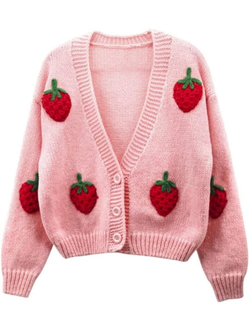 Strawberry Print Long Sleeve V-Neck Crop Cardigan Sweater for Women